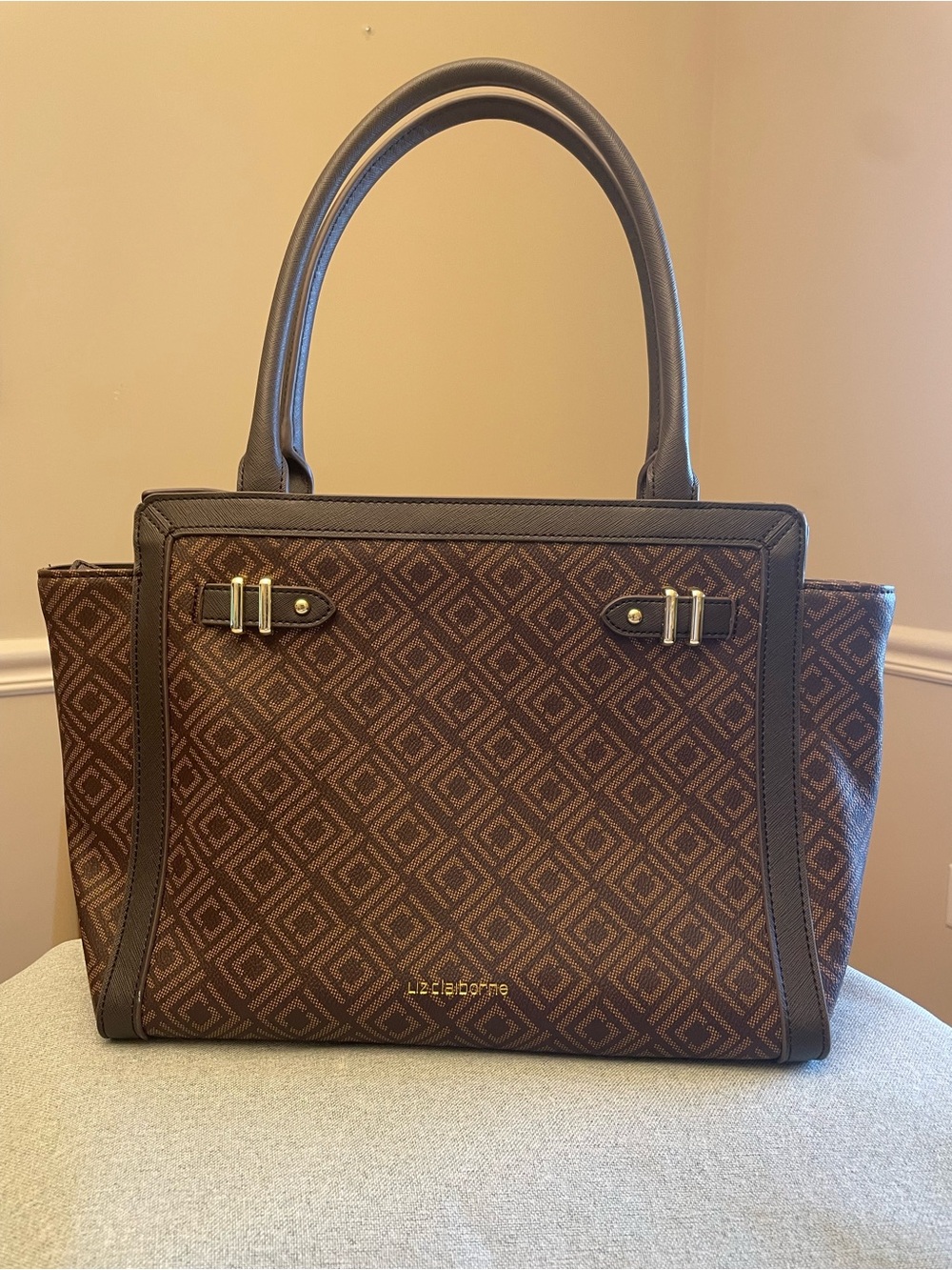 Liz Claiborne Brown Geometric Tote with Gold Accents